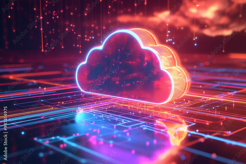 A glowing, 3D neon-colored cloud storage icon surrounded by digital ...