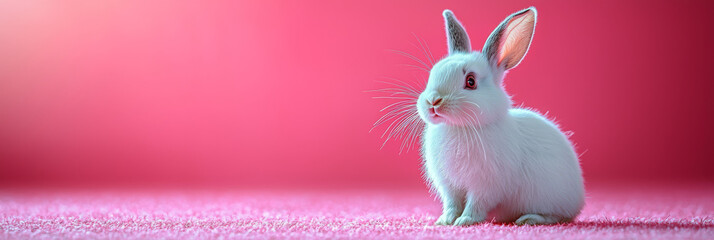 Canvas Print - Cute white bunny sitting on pink background.