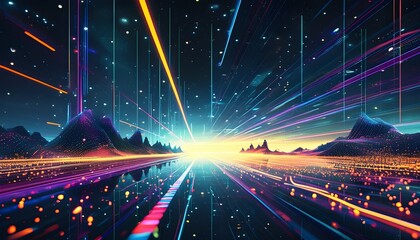 Wall Mural - Vibrant digital landscape of glowing particles and dynamic lines showcasing innovation and technology in a futuristic virtual realm