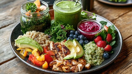 Plate of healthy colorful ingredients with green smoothies, AI generated