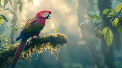 Wall Mural -   A vibrant parrot sat on a tree limb in a wooded area, with sunbeams filtering through the foliage and moss covering the boughs