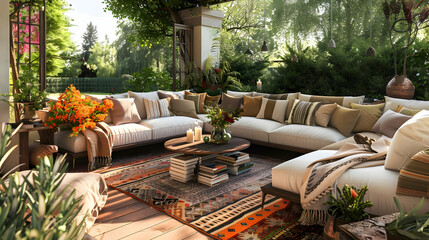 Wall Mural - Outdoor Living Cozy Patio Design with Sectional Sofa and Lush Greenery