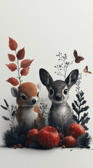 Wall Mural - Two cute baby deer peeking out from foliage.