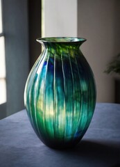 Wall Mural - Colorful Decorative glass vase with green and blue pattern on the table. Close up. ai generative