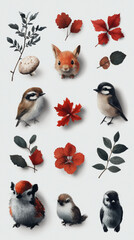 Wall Mural - Cute animal illustrations with autumn foliage.