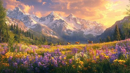   A stunning landscape depicts a majestic horse amidst vibrant wildflowers