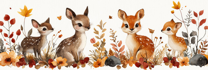 Poster - Four cute deer in a watercolor illustration.