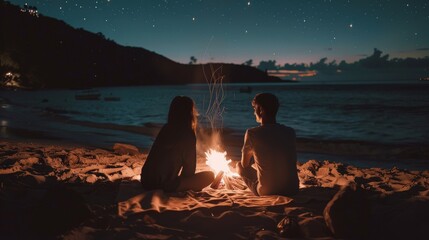 Poster - Minimalist Background: Young Man and Woman Embracing Affection on a Romantic Date
