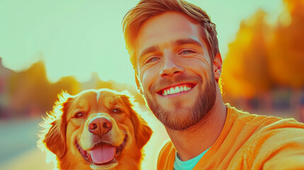 Wall Mural - Man and his dog smiling together in the sunshine.