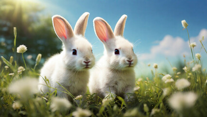 Baby rabbit chews on green grass, in a peaceful outdoor  on a  summer day.