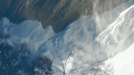 Wall Mural -   An aerial shot of a snowy mountain range with trees framing the scene in the foreground