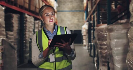 Poster - Warehouse engineer, woman and tablet to check stock, inventory or storage on shelf. Factory worker, technology and inspection for quality control, logistics or cargo distribution in shipping industry