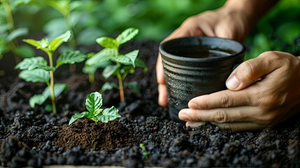 A Hand Holding a Black Mug with Coffee Grounds and New Plant Growth