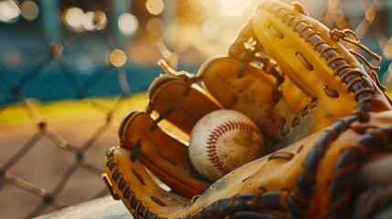 close-up of a baseball glove and ball resting on a bench, with a blurred view of the stadium seats in the background