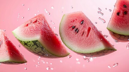 Watermelon Slices Suspended in Water Droplets