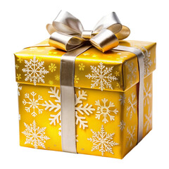 Christmas gift box with a snowflake pattern and a silver ribbon isolated on transparent background