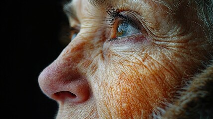   A close-up portrait of a woman with orange and white makeup against a black backdrop