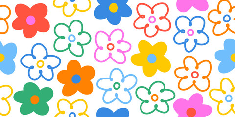 hand drawn colorful floral seamless pattern, fun doodle flower pattern with childish style. design f