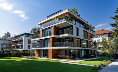 A modern apartment building with sleek architecture, featuring a white and grey exterior, glass windows, and wooden accents on the balconies, surrounded by green grass under a blue sky