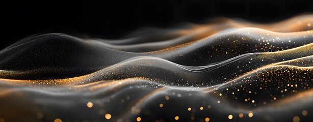 Abstract black and gold wavy background with glittering particles.