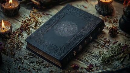   A black book sits atop a wooden table alongside candles and a bouquet of dried flowers