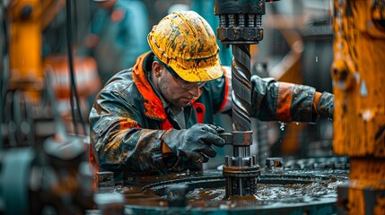 Oil Rig Worker Adjusting Drill Bit in Mud