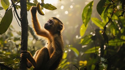 Poster -   A monkey clings to a tree branch amidst a forest with sunlight filtering through the treetops and fallen leaves below