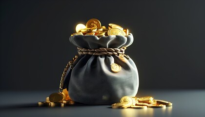 Chic money bag brimming with gold coins, epitomizing wealth, prosperity, and financial success in a contemporary environment