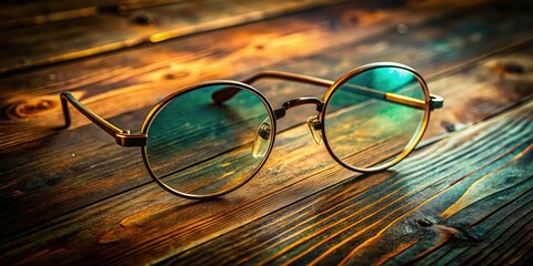 Charming vintage pince nez glasses lie elegantly on an aged wooden table, bathed in soft, natural light that highlights their intricate design and vintage allure.