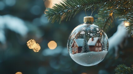 Poster -   A Christmas ornament dangling on a tree features a house in its center