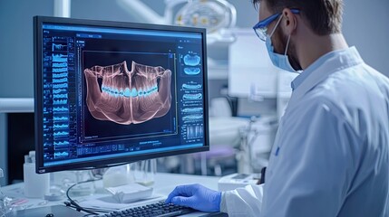 orthodontist doctor creates a treatment plan in the form of a graph on a virtual screen, medical laboratory, realism, professional photo