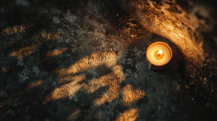 Poster -   A lit candle resting on the ground near a person's shadow handprint on a rock wall