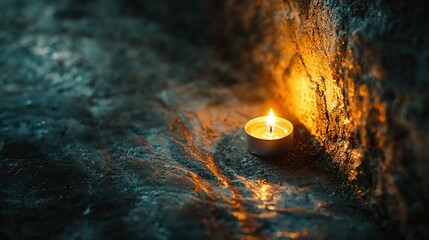 Canvas Print -   A dimly lit candle rests in the center of an otherwise dark room, with a visible crack in the adjacent wall