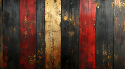 Poster - A textured wood background with black, red, and gold stripes, perfect for creative projects and designs.