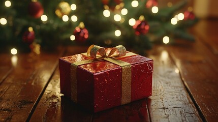 Wall Mural -   A red gift box with a golden ribbon on a wooden table in front of a Christmas tree with glowing lights behind it