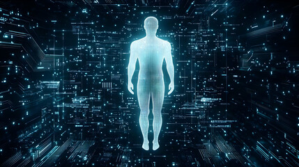 Poster - Futuristic glowing silhouette of a human against a digital background of data and technology patterns.