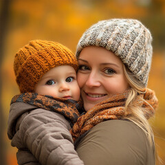 Wall Mural - fall autumn portrait of mother and child with hats and scarfs. Out-of-focus fall foliage background