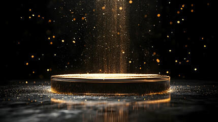 Poster - Golden circular podium with sparkling particles against a dark backdrop, creating a mystical and elegant visual effect.
