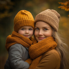 Wall Mural - fall autumn portrait of mother and child with hats and scarfs. Out-of-focus fall foliage background