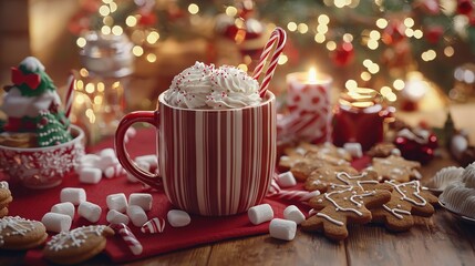 Canvas Print -   Hot chocolate with marshmallows & candy canes beside Christmas tree