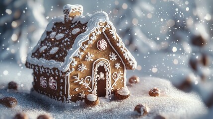 Wall Mural -   Close-up gingerbread house on snow, surrounded by trees and snowflakes