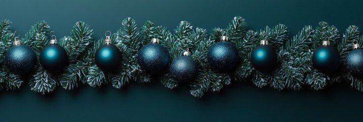 Poster - Christmas baubles balls and pine branches. Horizontal banner web poster, header for website minimal design with gift box