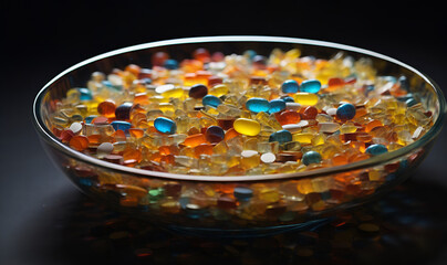 Bright composition of tablets in transparent dishes on a dark background.