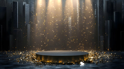 Poster - A spotlight shines on a circular platform surrounded by dazzling fog and shimmering particles, creating a magical atmosphere.