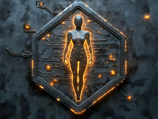 Poster - Stylized silhouette of a human figure with glowing circuitry, representing the blend of humanity and technology.