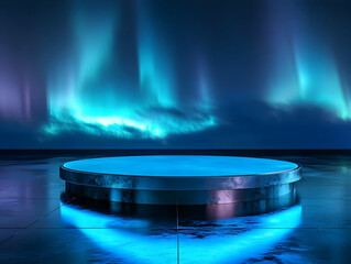 Poster - A glowing circular stage illuminated by blue lights, set against a backdrop of ethereal northern lights.