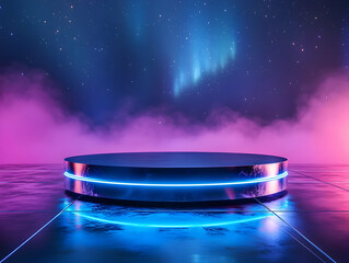 Poster - Abstract stage with neon lights and fog, set against a starry night sky.