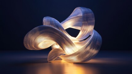 Wall Mural - A glowing 3D abstract sculpture of twisting, metallic ribbons, floating in an infinite, dark space.