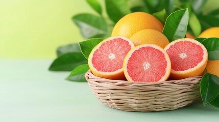 Wall Mural - Close-up of a basket full of fresh grapefruits. Banner with copy space.