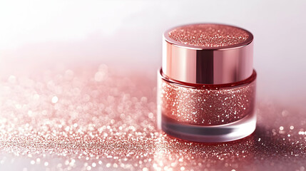 Poster - Shimmering glitter jar on a soft, sparkling background, perfect for beauty and cosmetic themes.
